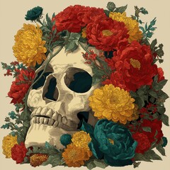 Vibrant floral embellished skull illustration on neutral background in vintage style