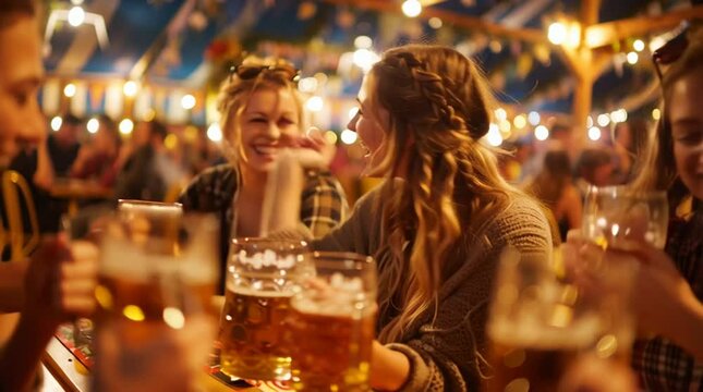 Young adults wearing lederhosen and dirndls raising beer steins, cheering together during lively Oktoberfest celebration inside crowded Munich beer hall