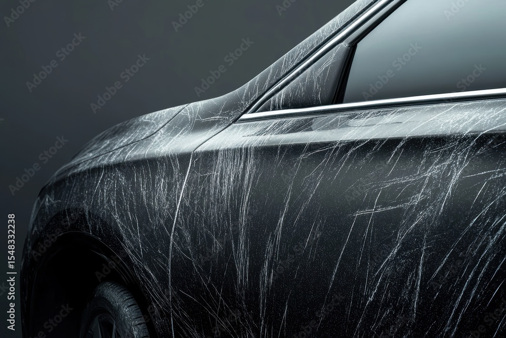 Poster artistic close-up of a car with unique scratch patterns on black surface in a dark studio