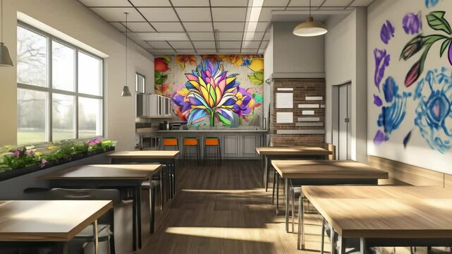 Cafeteria interior with mural art and large windows view