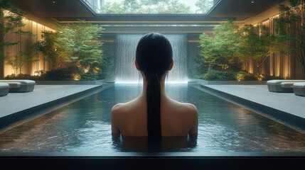 Woman in tranquil indoor pool, waterfall backdrop
