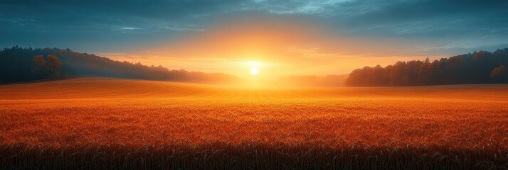Morning mist drapes over serene wheat fields at sunrise invoking a sense of calm