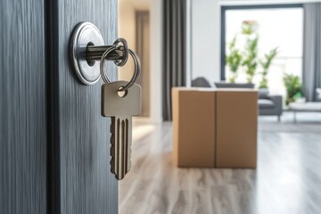 Key in lock symbolizes new beginnings during house relocation in modern living space