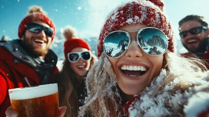 A lively group of friends enjoying a snowy day in the mountains, celebrating friendship with laughter and drinks in a picturesque winter landscape.