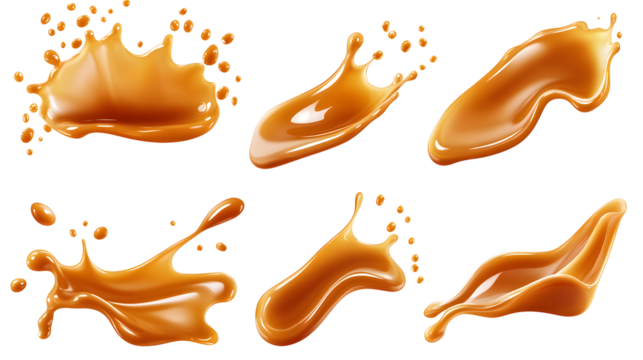 Caramel Sauce Splashes Yellow Background isolated on a transparent background