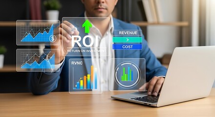 Businessman analyzing return on investment with financial graphs and modern digital interface