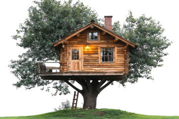 Log treehouse built around a big tree, chimney on top