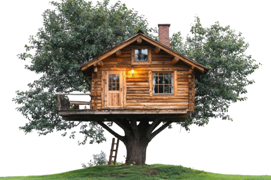 Log treehouse built around a big tree, chimney on top
