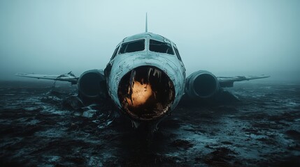 Obraz premium An eerie abandoned airplane emerges from the fog, creating a haunting atmosphere that invites curiosity and reflection on the relationship between nature and technology.
