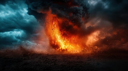 A powerful volcanic eruption creates a dramatic display of fire and smoke against a backdrop of tumultuous clouds, symbolizing nature's raw forces and unpredictability.