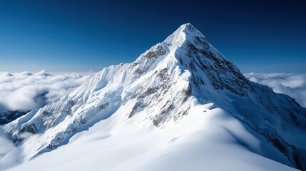 Obraz premium A majestic snow-capped mountain peak reaches towards the sky, showcasing nature's remarkable beauty and the allure of adventure in pristine wilderness.