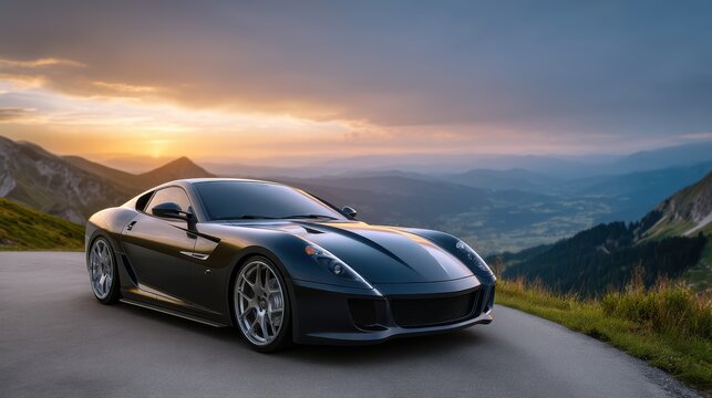 Experience Thrilling Drives With A Black Sports Car Embracing The Sunset On Serpentine Mountain Roads Blending Elegance And Performance In A Stunning Panorama