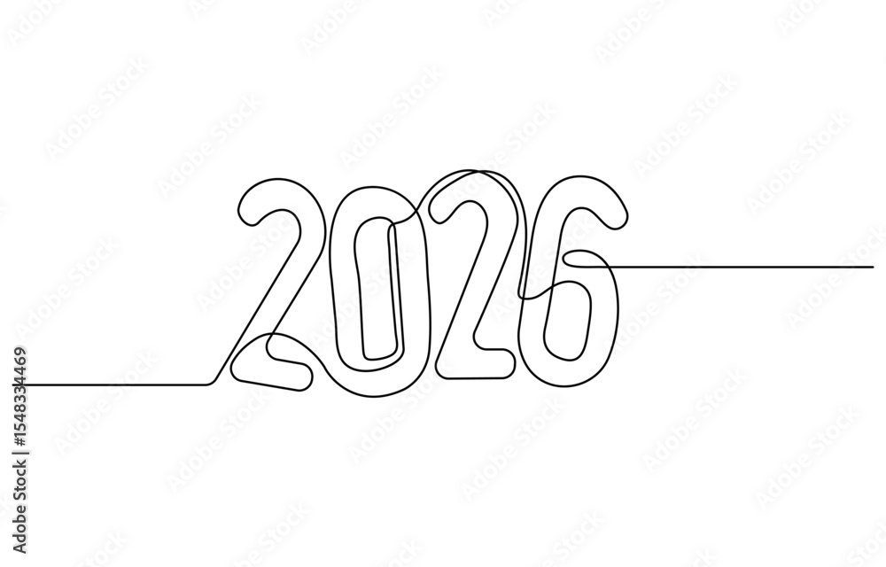 Poster continuous one line drawing of 2026 new year numbers outline vector illustration for minimal and mod