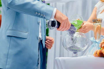 Wedding Sand Ceremony with Blue Suit and Colorful Sand Tradition