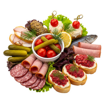 A Festive Platter of Russian Zakuski Savory Appetizers with Pickles Smoked Fish and Meats on isolated transparent background