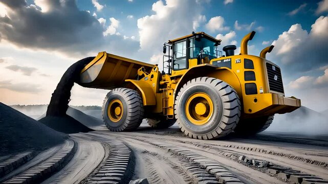 Heavy Duty Yellow Wheel Loader Moving Gravel at Construction Site on Curved Tracks