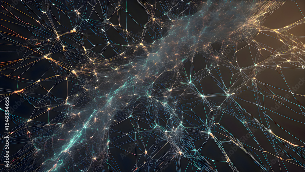 Poster computer generated visualization of a network with multiple connected digital wires forming a comple