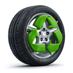 3 D Render Green Recycle Symbol Car Tire Silver Wheel