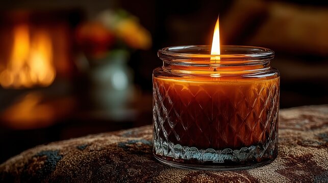 Lit Scented Candle in Glass Jar with Glowing Flame on Textured Cloth