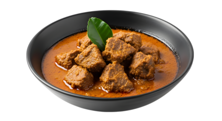 A Rich Bowl of Indonesian Beef Rendang a Slow-Cooked Dry Coconut Curry on isolated transparent background