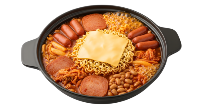 A Bubbling Pot of Korean Budae-Jjigae Army Stew with Spam Ramen and Kimchi on isolated transparent background