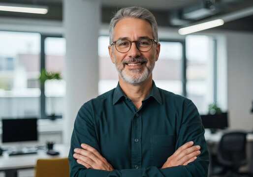 Professional headshot of smiling mature businessman in office for corporate website and linkedin profile photo