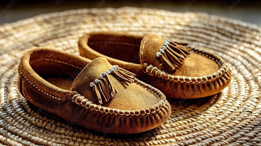 Poster moccasins placed on woven mat with natural light illuminating the scene in a cozy setting