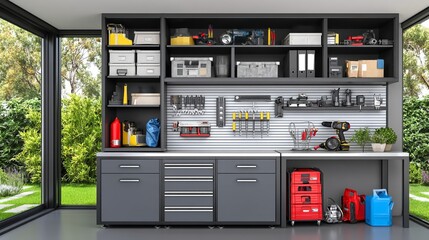 Modern garage interior with organized storage shelves, tools, and equipment for DIY projects