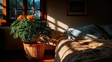Interior bedroom with flowering plant in wicker pot near window and bed in sunlight