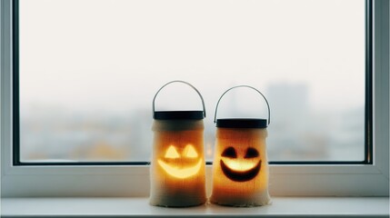 Obraz premium Unlit Jack O Lanterns Sit on a Foggy Windowsill With a Candle Illuminating Their Cheerful Faces