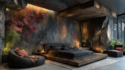Unique Bedroom Interior with Dark Bedding and Stone Walls