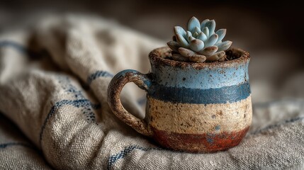 Small Succulent Plant Potted in Rustic Ceramic Mug on Textured Fabric