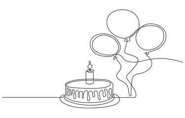 Vector birthday cake with candles and air balloon one line continuous drawing illustration. Hand drawn linear silhouette icon. Minimal design greeting card, print, banner, poster, invitation.