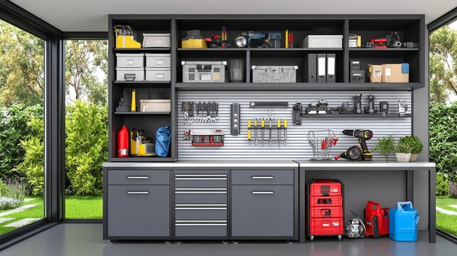Modern garage interior with organized storage shelves, tools, and equipment for DIY projects