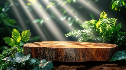 Wooden slice platform in lush greenery, sunbeams