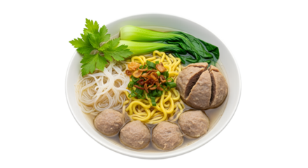A Comforting Bowl of Indonesian Bakso a Savory Meatball and Noodle Soup on isolated transparent background