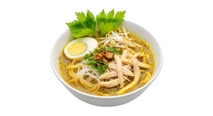 A Steaming Bowl of Indonesian Soto Ayam a Fragrant Yellow Chicken Noodle Soup on isolated transparent background