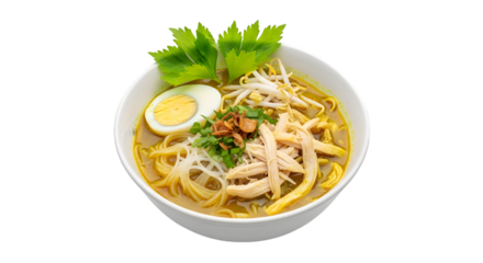 A Steaming Bowl of Indonesian Soto Ayam a Fragrant Yellow Chicken Noodle Soup on isolated transparent background