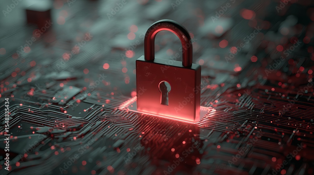 Poster cybersecurity digital lock padlock on circuit board red glowing technology protection secure data pr