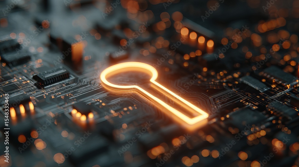 Poster digital key neon glow on circuit board abstract technology background modern cybersecurity concept f