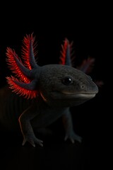 Dark axolotl with vibrant red gills underwater macro on black background