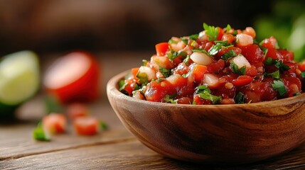 A vibrant bowl of fresh salsa made from diced tomatoes, onions, and cilantro, showcasing the essence of Mexican cuisine with a rustic backdrop and natural ingredients.