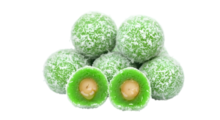 A Pile of Indonesian Klepon Sweet Rice Balls with a Liquid Palm Sugar Filling on isolated transparent background