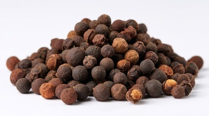 A heap of dried allspice berries spread out against a white backdrop
