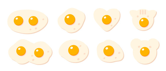 Collection of handdrawn fried eggs. Perfect for logo, menu, stickers and print. Vector illustrations in cartoon flat style.
