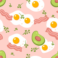 Hand drawn seamless pattern with fried eggs, avocado and bacon. Perfect print for paper, fabric, textile. Food background vector illustration.