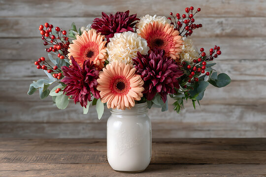 Autumnal Floral Arrangement in White Mason Jar Peach Gerbera Dahlias