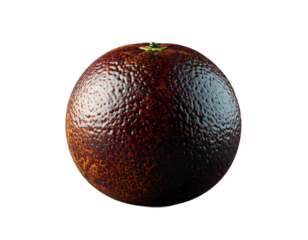 A whole blood orange stands boldly against a black background, its textured deep red peel glowing under dramatic light. A refined and minimalist capture perfect for food, health, and editorial design