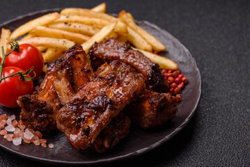 Meat, beef ribs in a marinade grilled with salt and spices. Grilled ribs