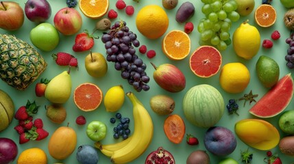 Vibrant Arrangement of Colorful Fruits Including Oranges, Apples, Grapes, and Bananas on a Green Background